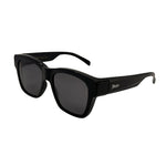 Black sunglasses with a brand logo on a white background