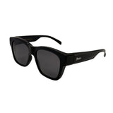 Black sunglasses with a brand logo on a white background