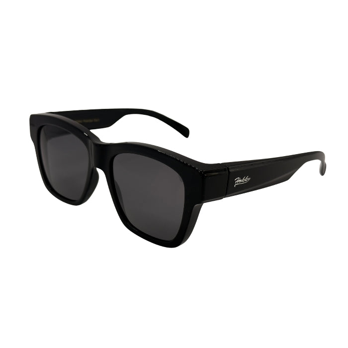 Black sunglasses with a brand logo on a white background