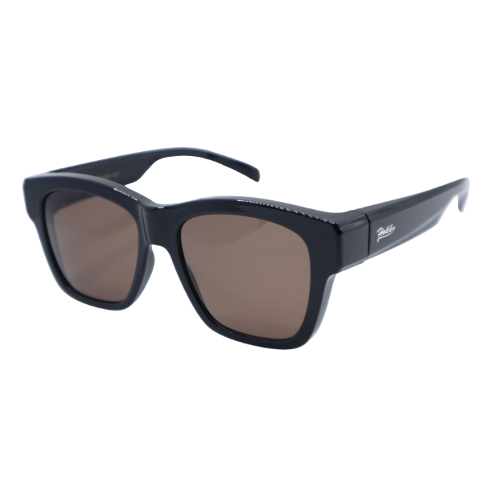 Black sunglasses with a brand logo on a white background