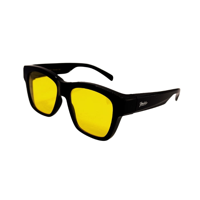 Black sunglasses with yellow lenses on a white background