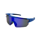 Blue wrap-around sunglasses on a white background