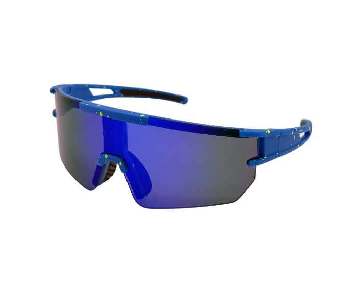 Blue wrap-around sunglasses on a white background