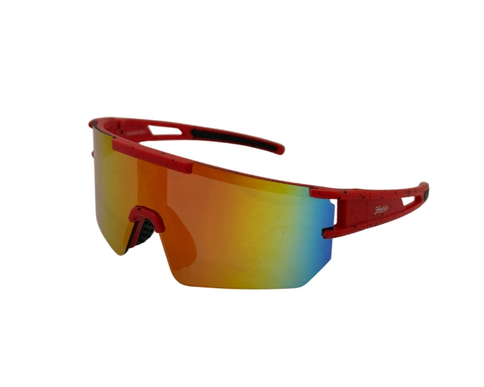 Red sunglasses with a gradient lens on a white background