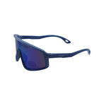 Blue sunglasses with a reflective lens on a white background