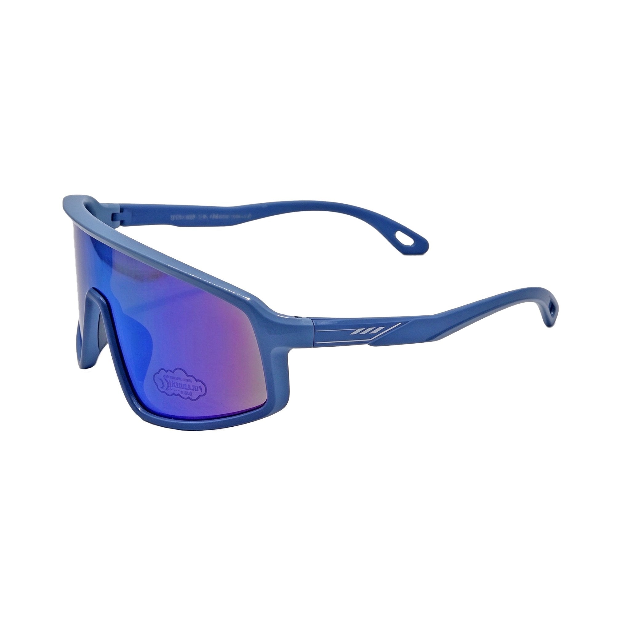 Blue sunglasses with a reflective lens on a white background