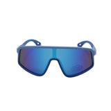 Blue sunglasses with a reflective lens on a white background