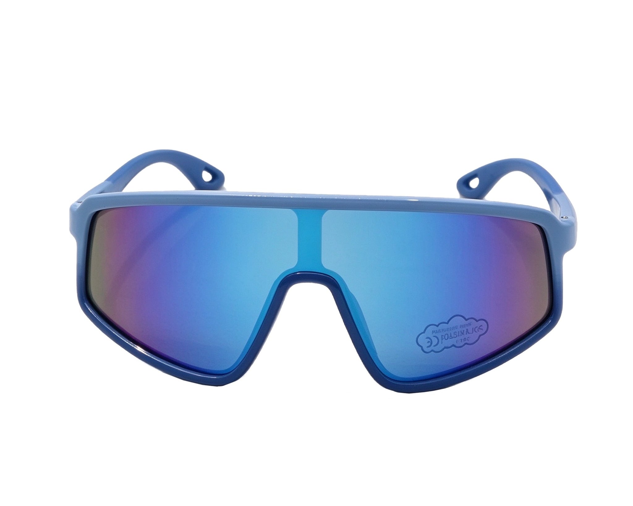 Blue sunglasses with a reflective lens on a white background