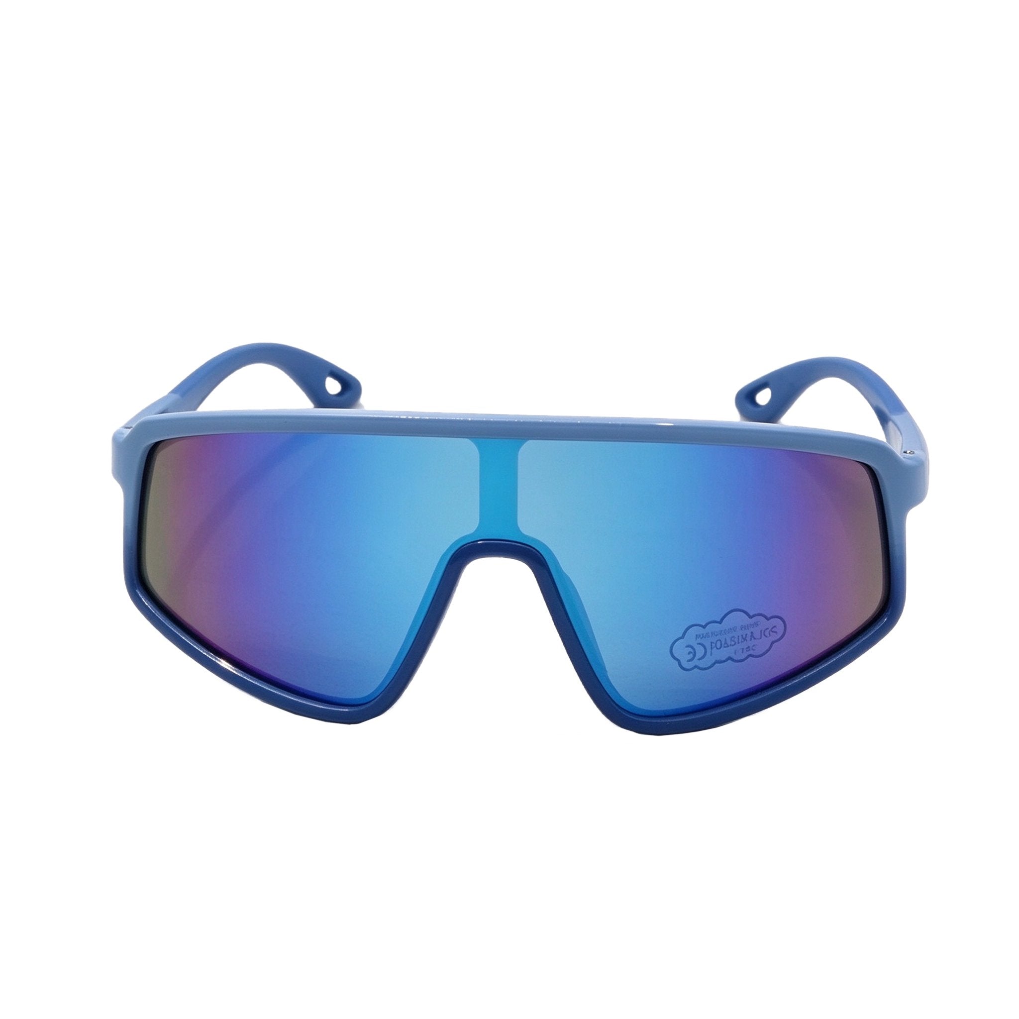 Blue sunglasses with a reflective lens on a white background