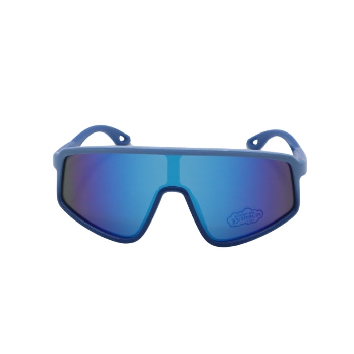 Blue sunglasses with a reflective lens on a white background