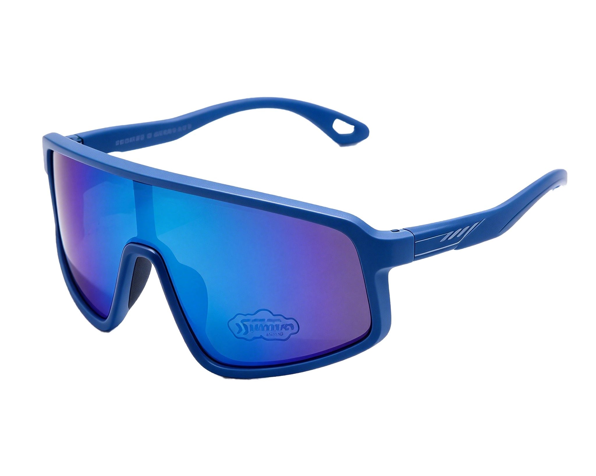 Blue sunglasses with a reflective lens on a white background