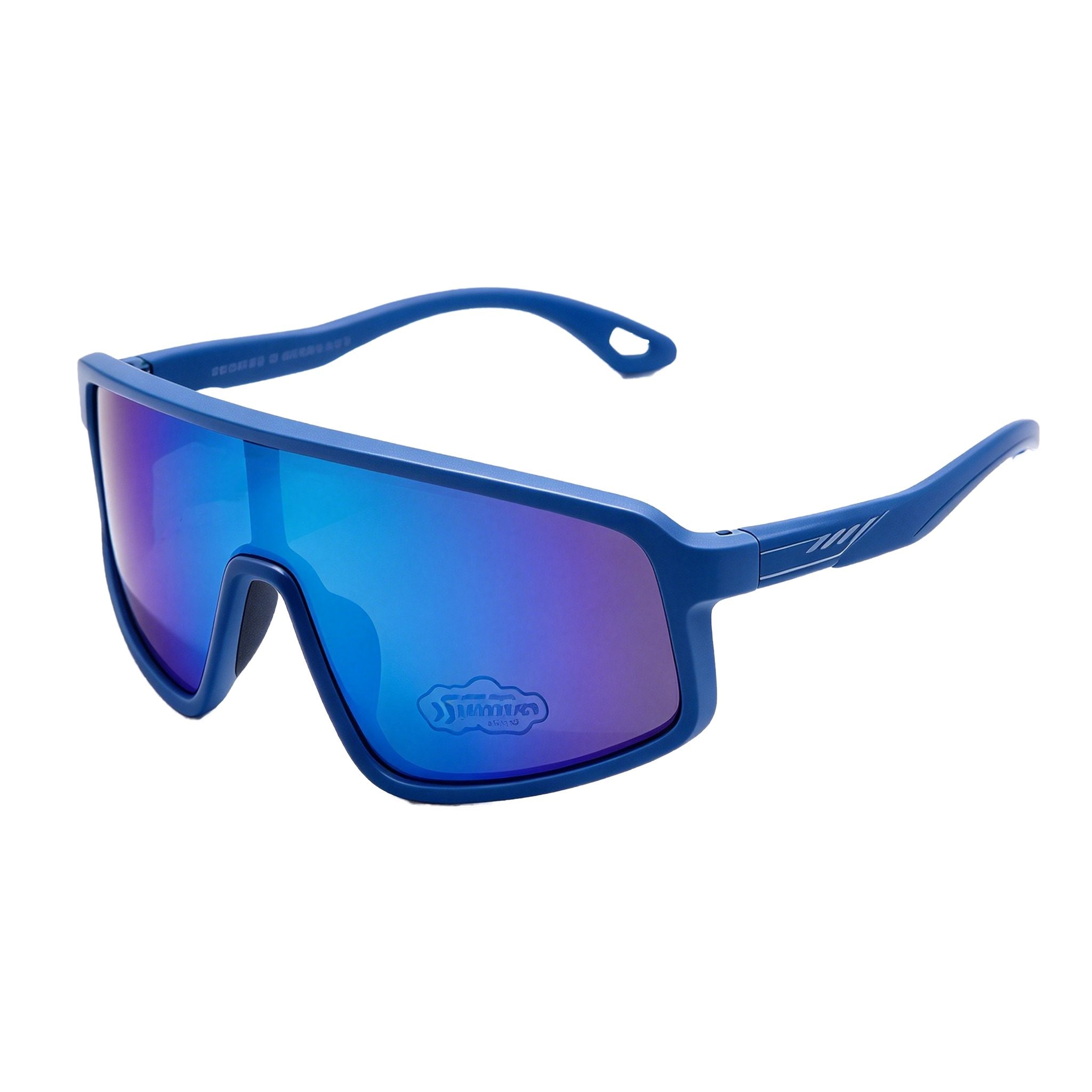 Blue sunglasses with a reflective lens on a white background