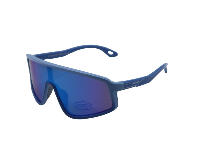 Blue sunglasses with a reflective lens on a white background