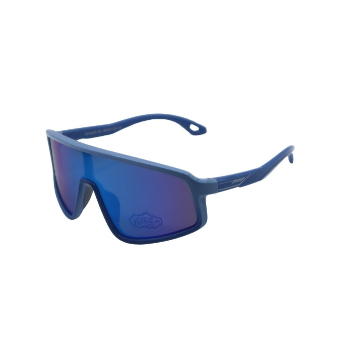 Blue sunglasses with a reflective lens on a white background