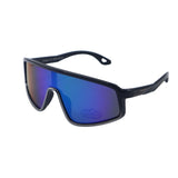 Sunglasses with blue reflective lenses on a white background