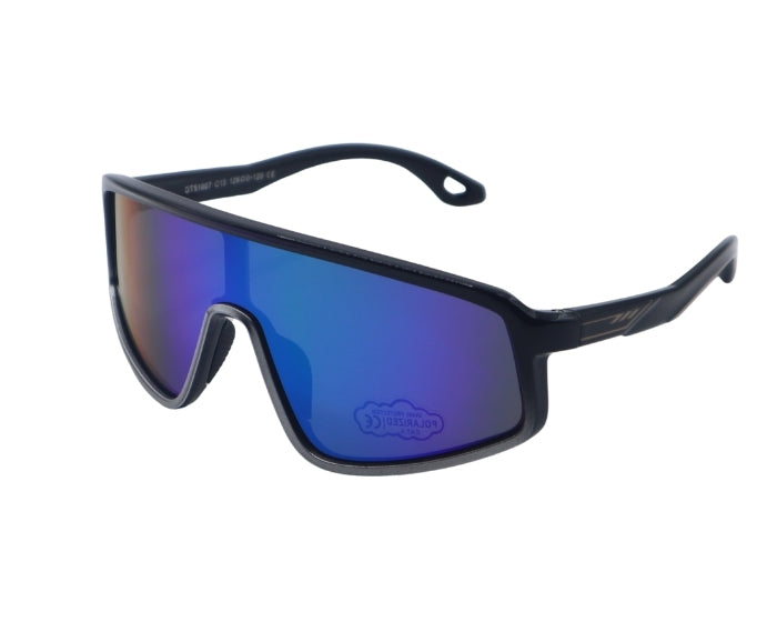 Sunglasses with blue reflective lenses on a white background