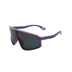 Sunglasses with purple frame and dark lenses on a white background