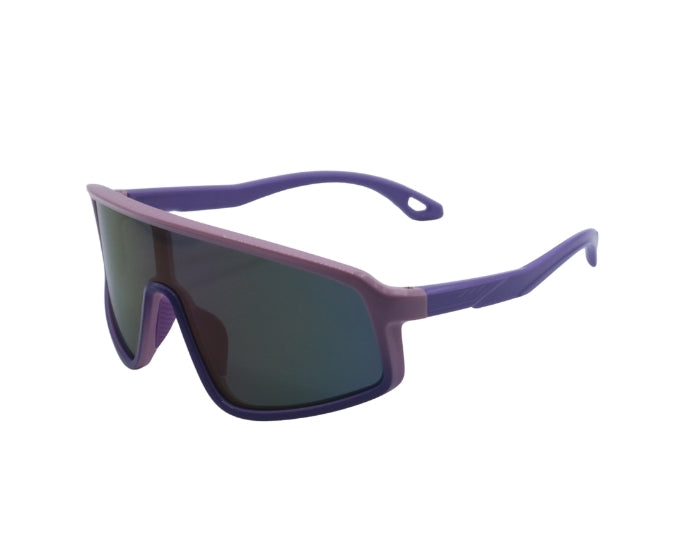 Sunglasses with purple frame and dark lenses on a white background