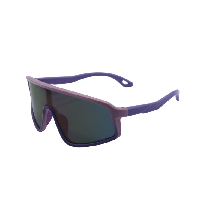 Sunglasses with purple frame and dark lenses on a white background