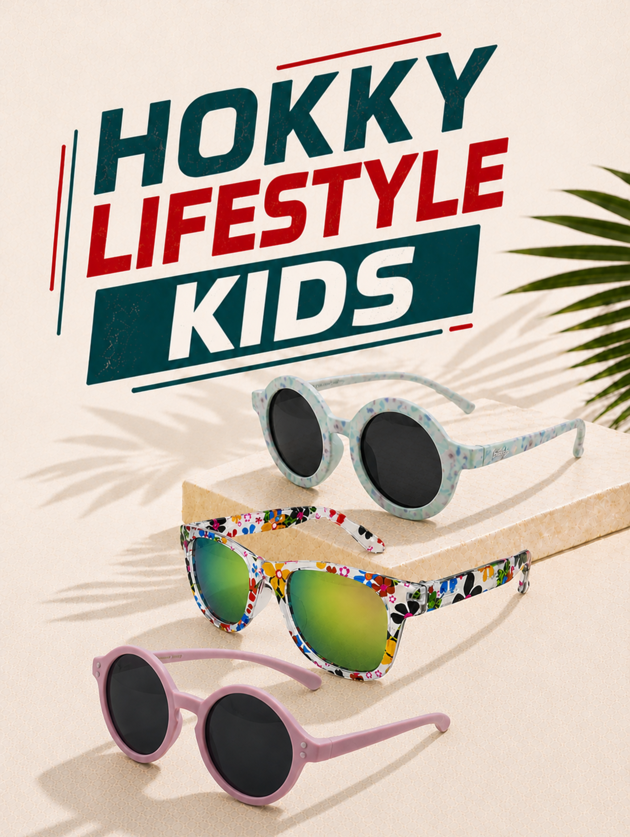 Sunglasses with floral and colorful designs on a beige background with 'Hokky Lifestyle Kids' branding.