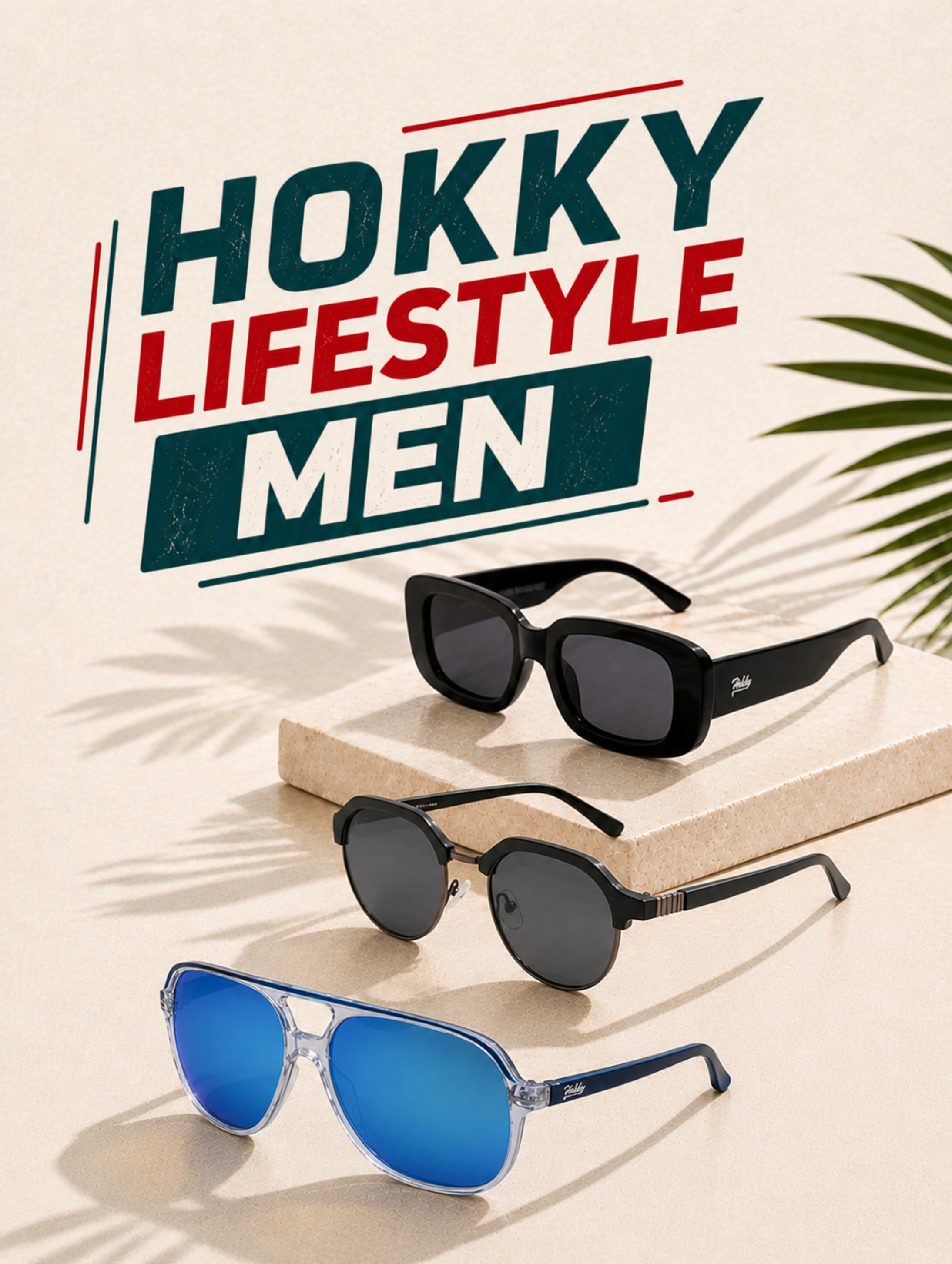 Sunglasses with 'Hokky Lifestyle Men' branding on a light background