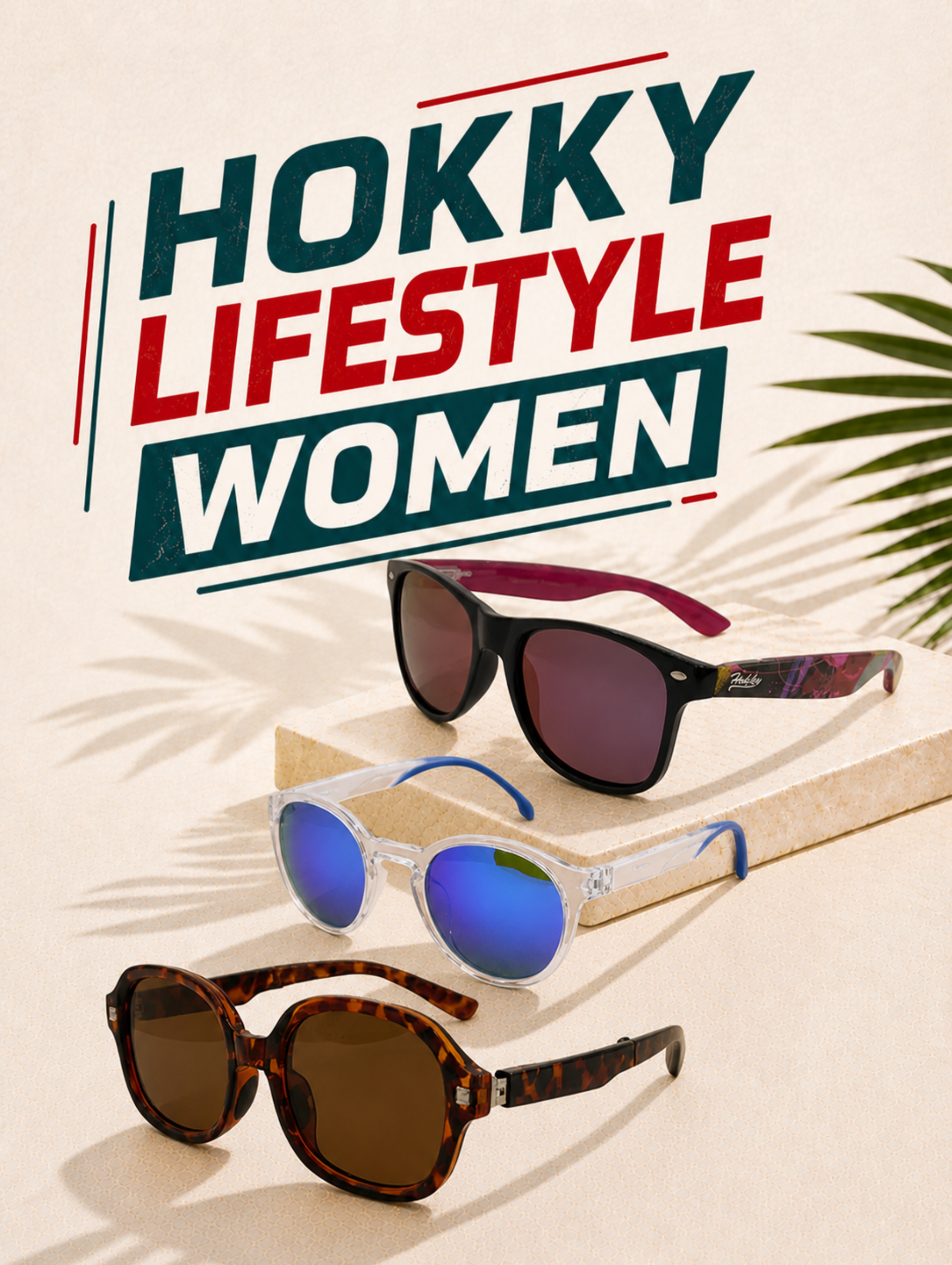 Sunglasses with 'Hokky Lifestyle Women' branding on a light background