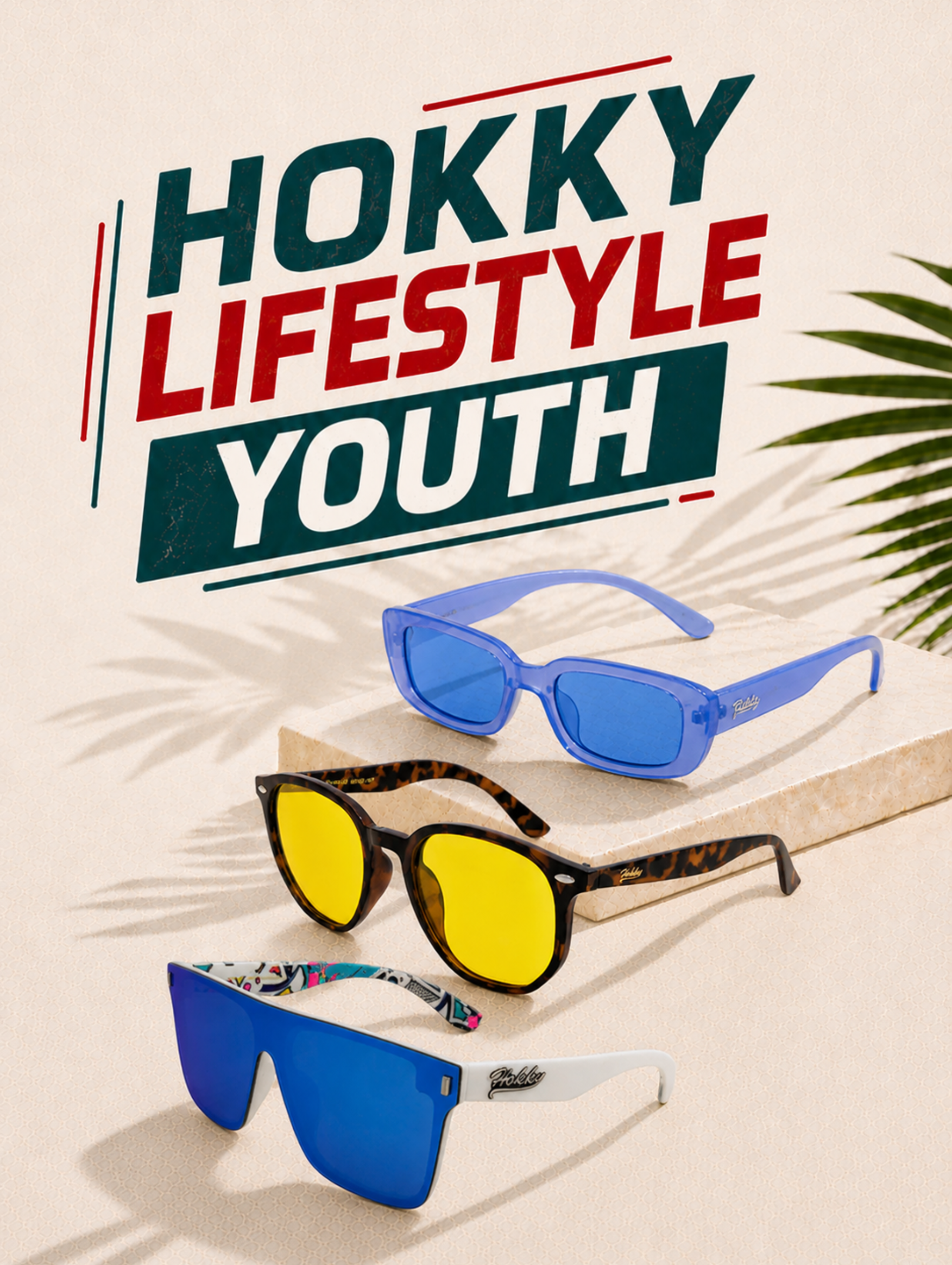 Three pairs of sunglasses with 'Hokky Lifestyle Youth' branding on a light background.