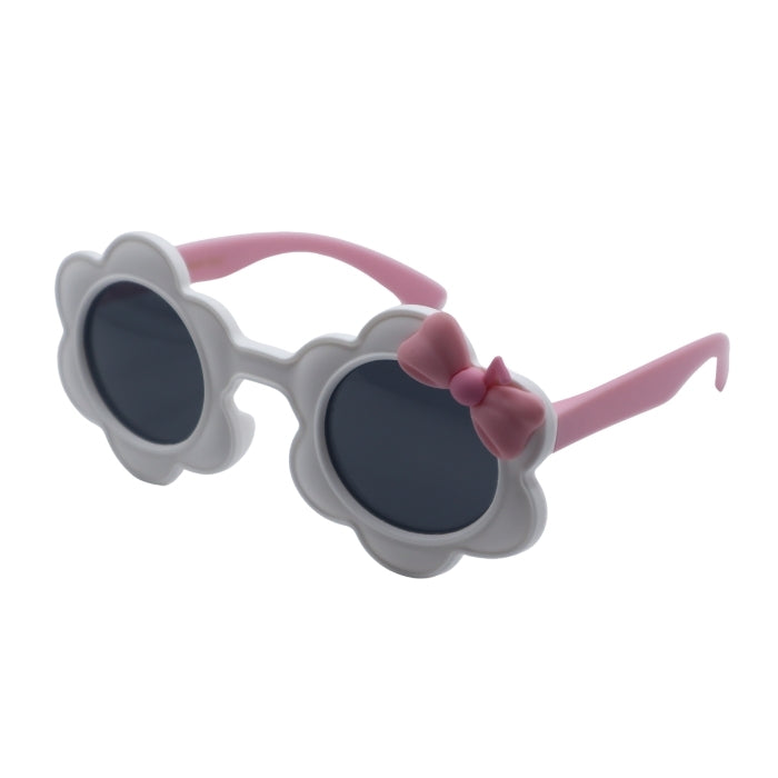 Children's sunglasses with pink bow and gray frame on a white background