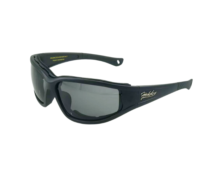 Black sunglasses with a brand logo on a white background