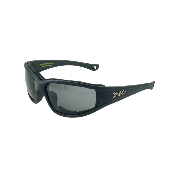 Black sunglasses with a brand logo on a white background
