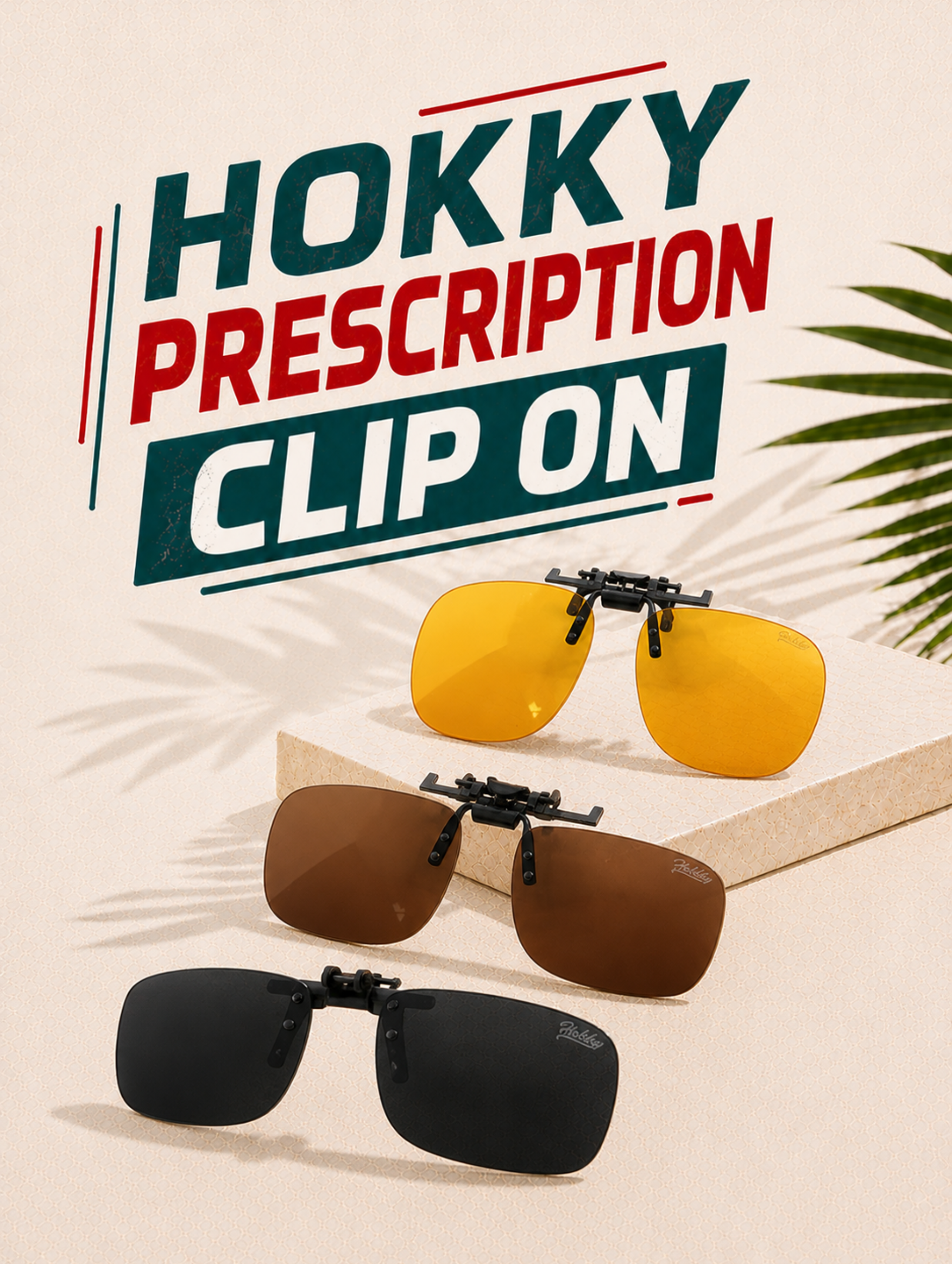 Hokky prescription clip-on sunglasses with yellow, brown, and black lenses on a beige background.