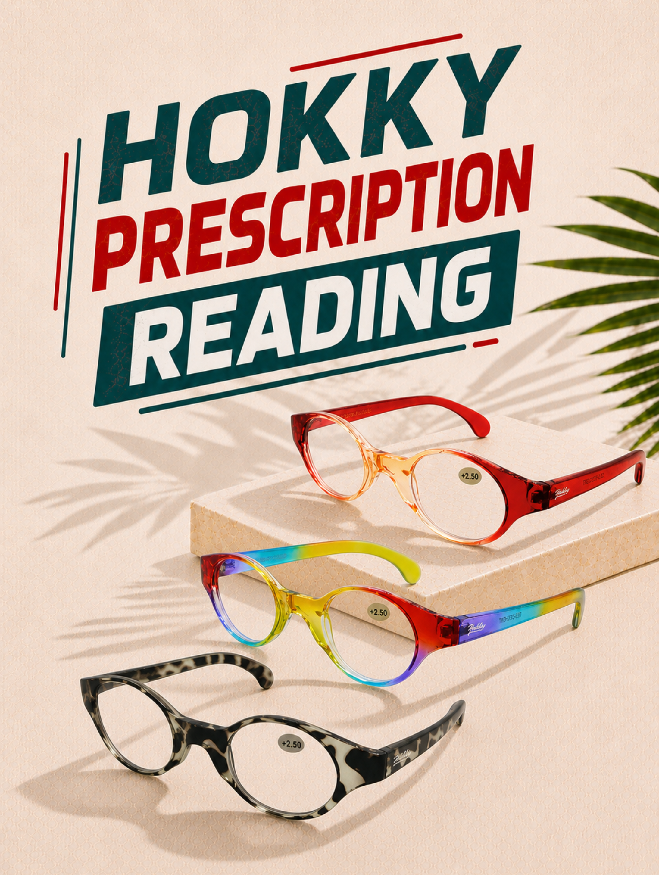 Colorful eyeglasses on a light background with 'Hokky Prescription Reading' text.