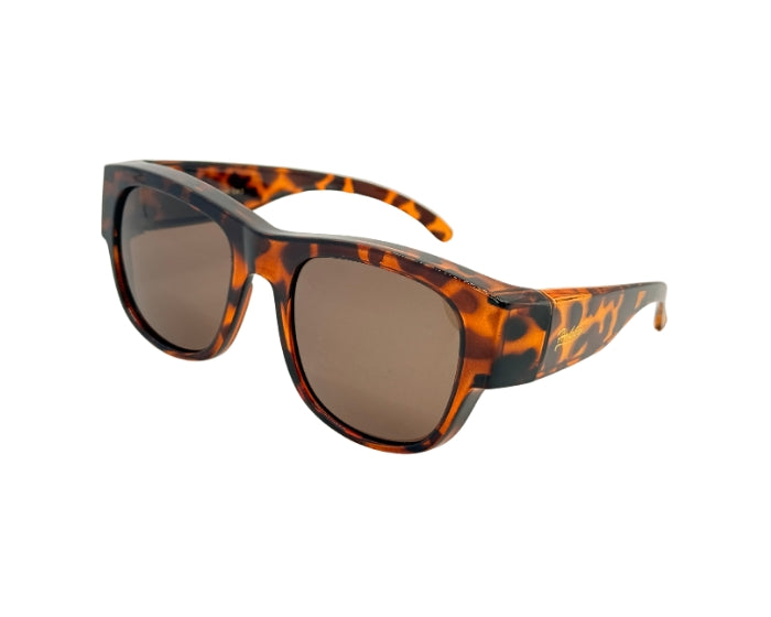 Sunglasses with tortoiseshell frame and brown lenses on a white background