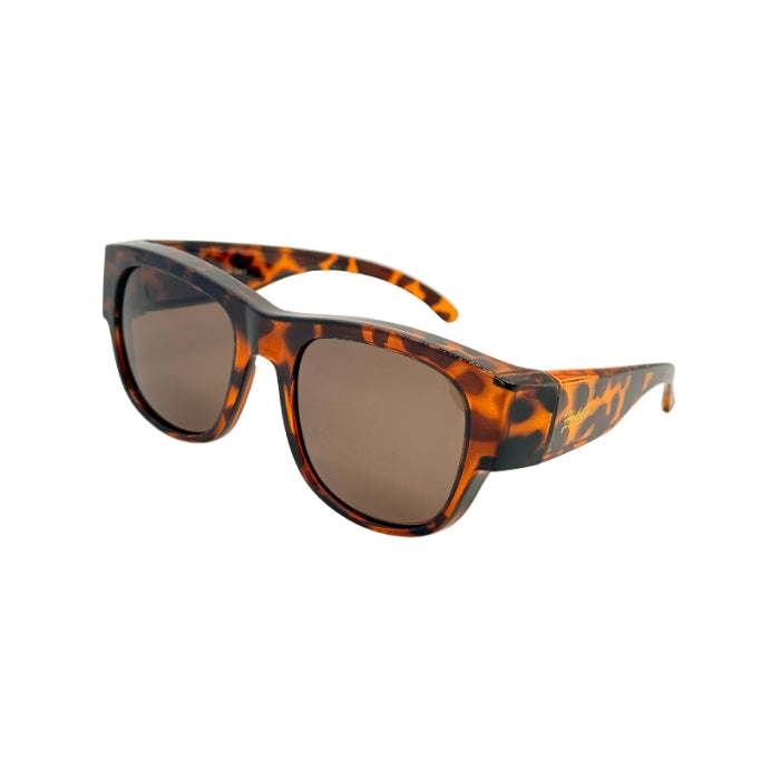 Sunglasses with tortoiseshell frame and brown lenses on a white background