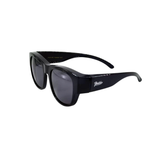 Black sunglasses with a visible brand logo on a white background