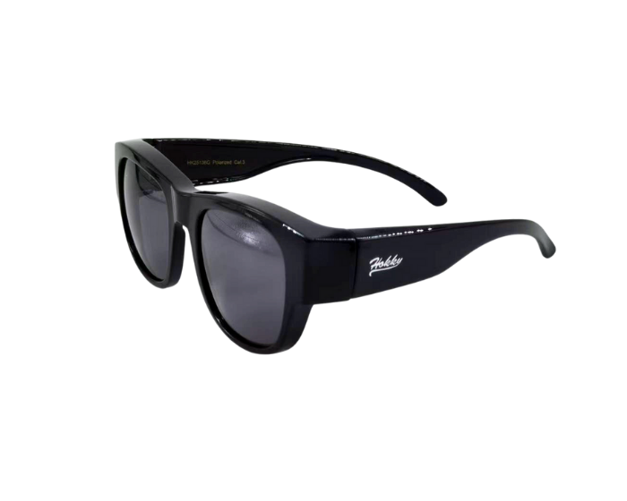 Black sunglasses with a visible brand logo on a white background