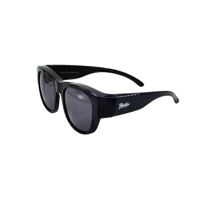 Black sunglasses with a visible brand logo on a white background