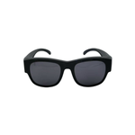 Black sunglasses with dark lenses on a white background