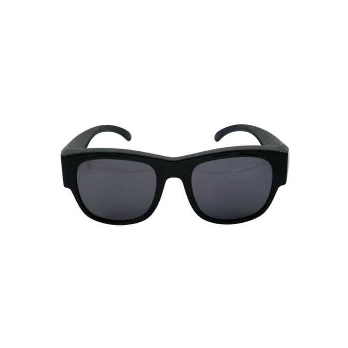 Black sunglasses with dark lenses on a white background