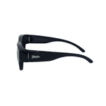 Black sunglasses with a brand logo on a white background