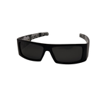 Black sunglasses with dark lenses on a white background
