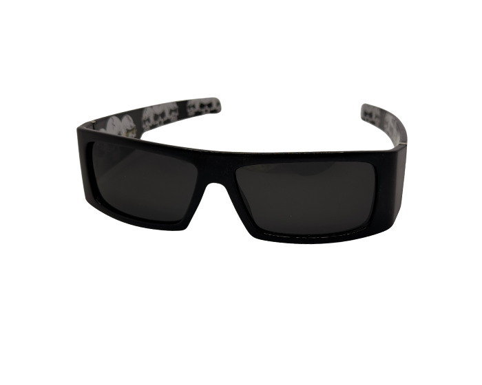 Black sunglasses with dark lenses on a white background