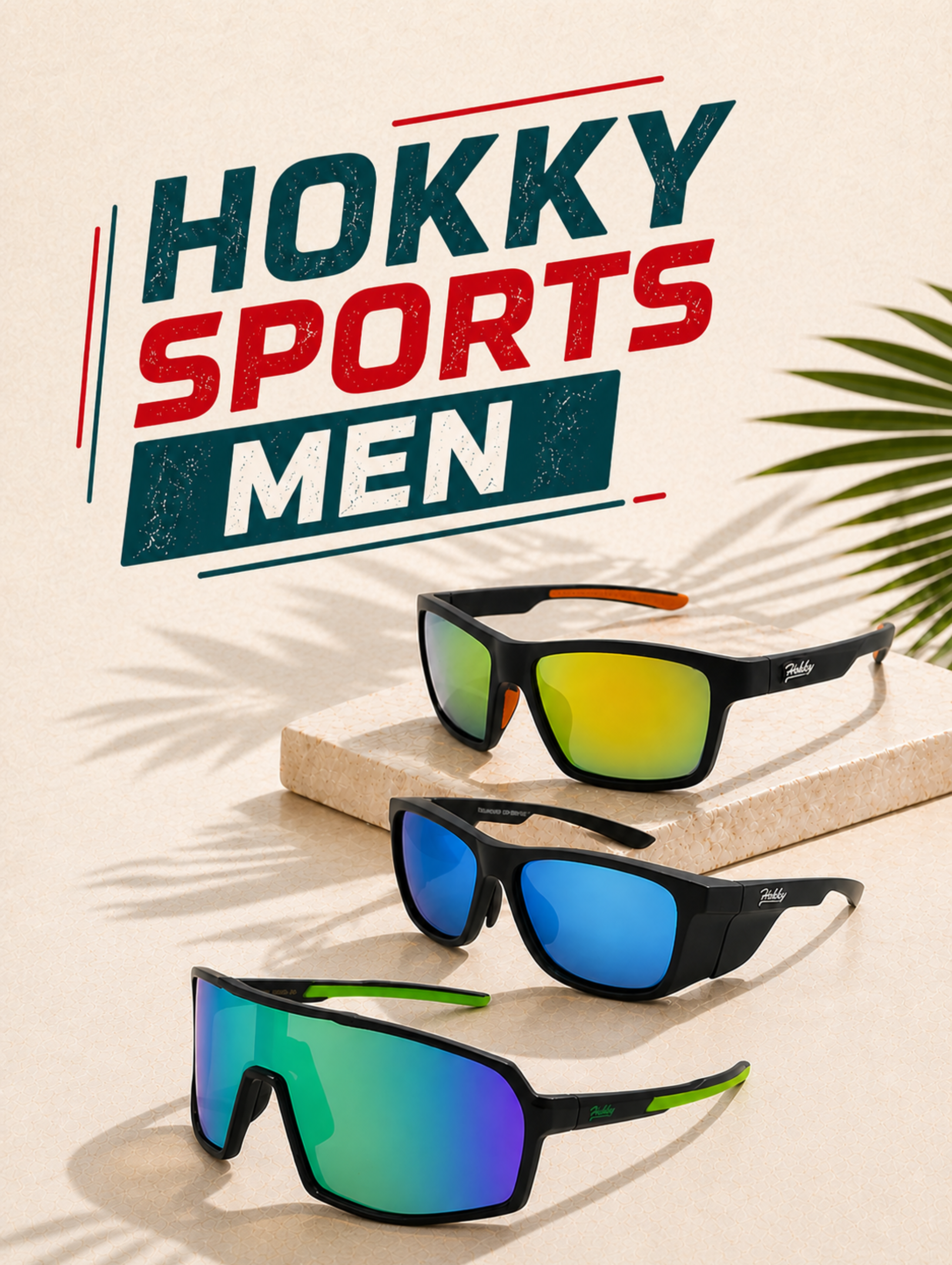 Three pairs of sunglasses with colorful lenses on a beige surface, branded 'Hokky Sports Men'.
