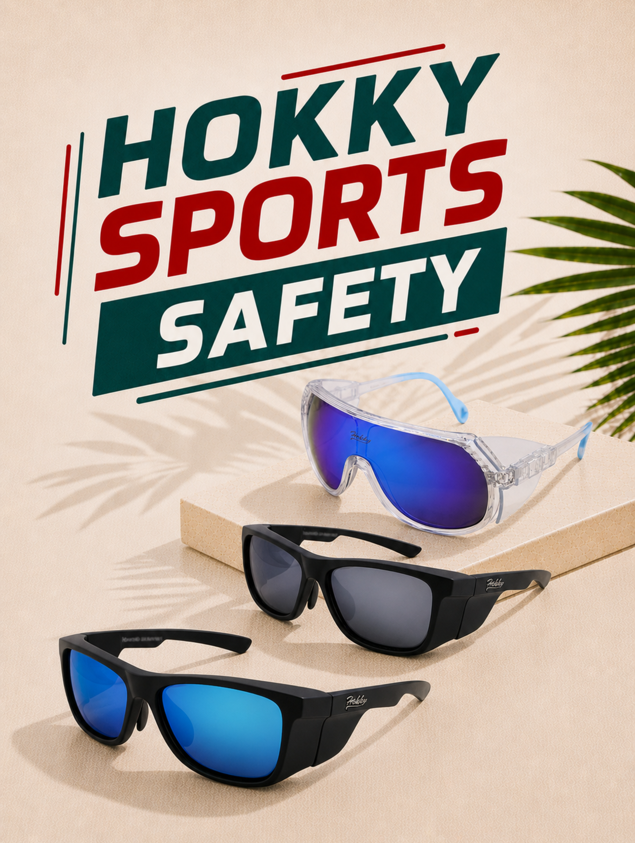 Sunglasses with 'Hokky Sports Safety' branding on a light background