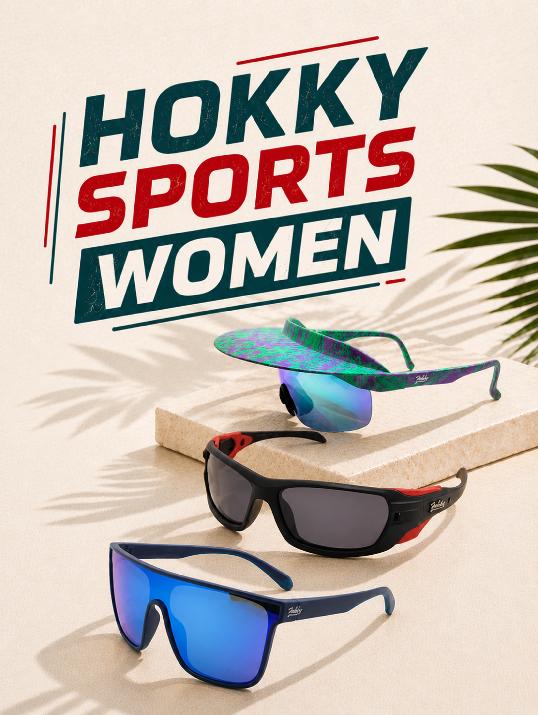 Sunglasses with 'Hokky Sports Women' branding on a light background