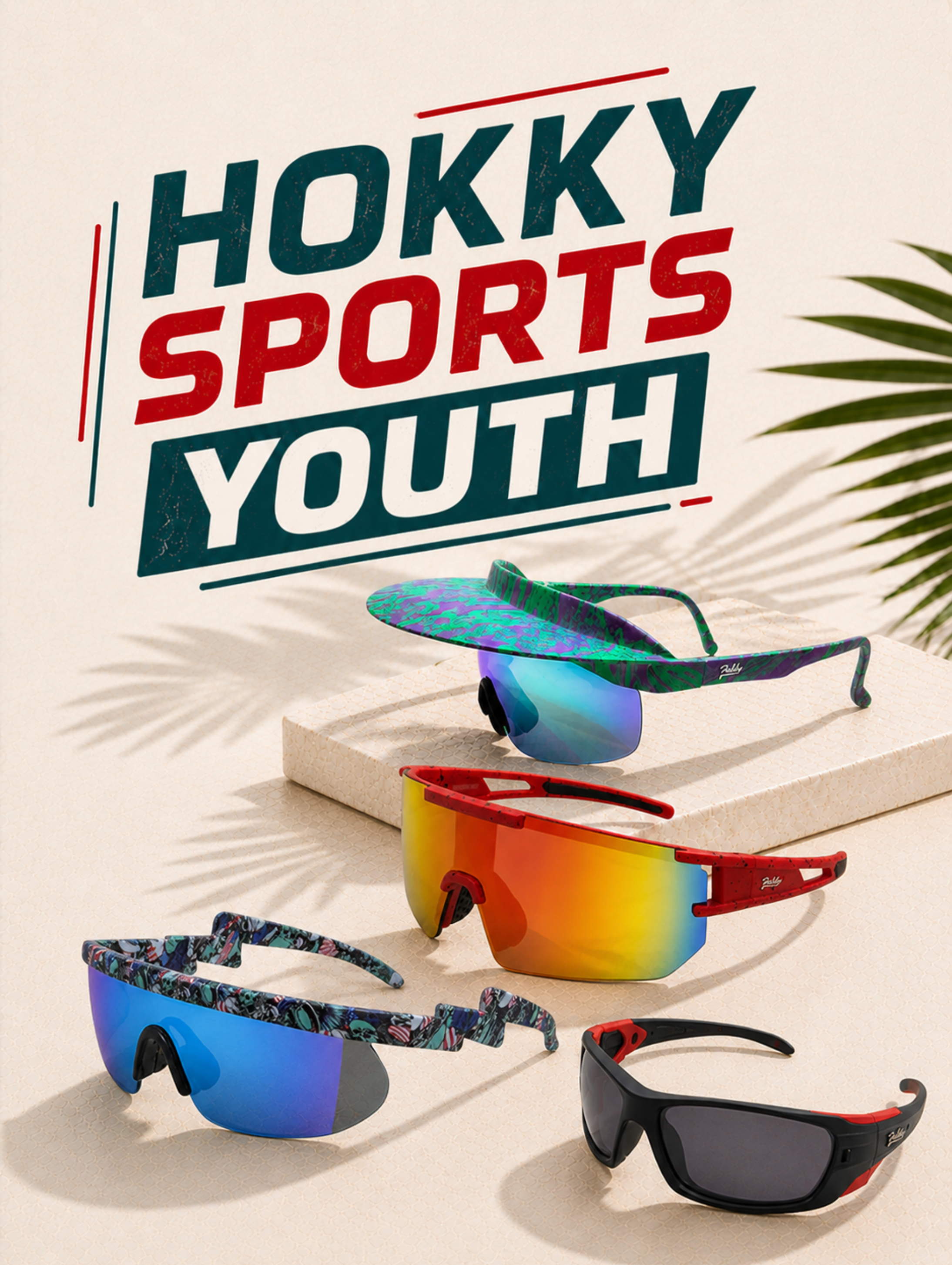 Sunglasses with colorful designs on a light background with 'Hokky Sports Youth' branding.
