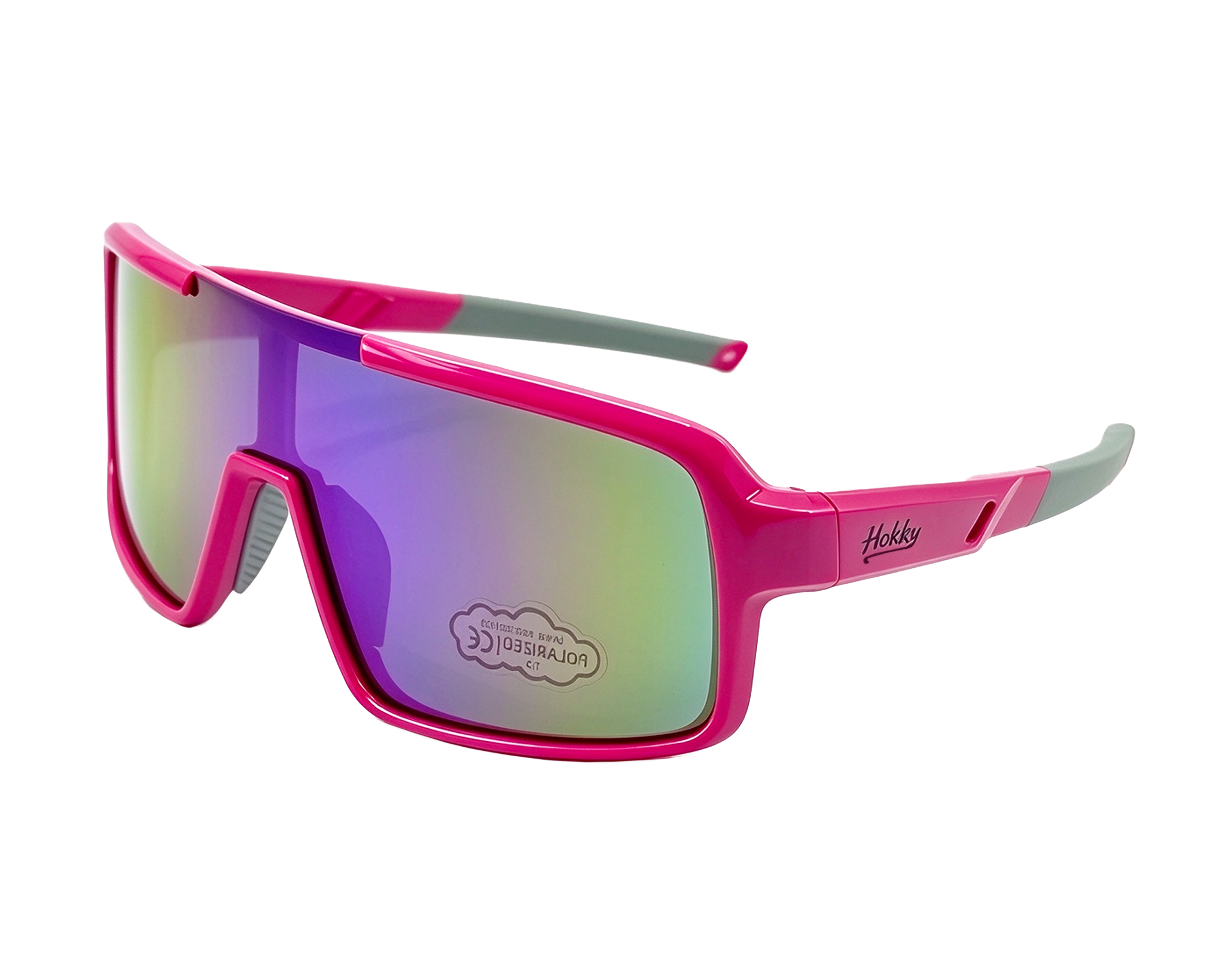 Pink sunglasses with reflective lenses on a white background