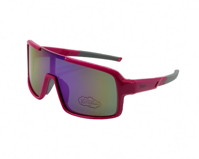 Pink sunglasses with reflective lenses on a white background