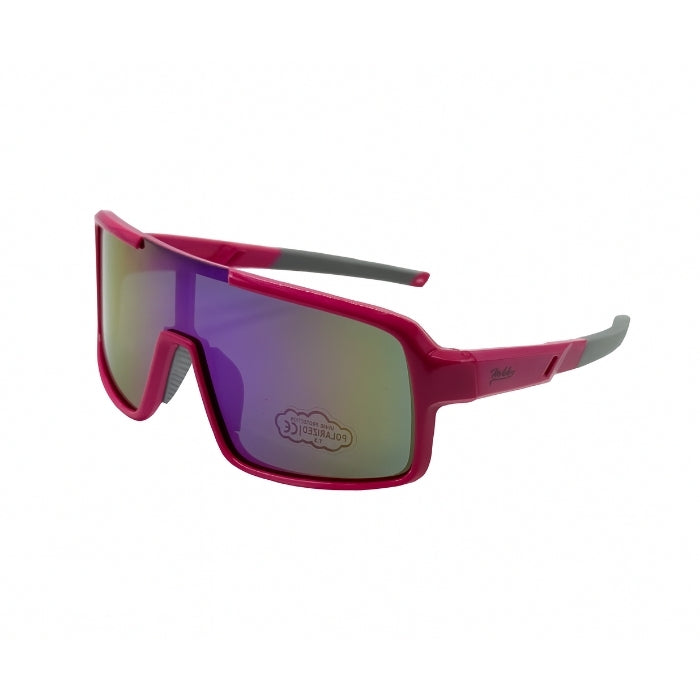 Pink sunglasses with reflective lenses on a white background