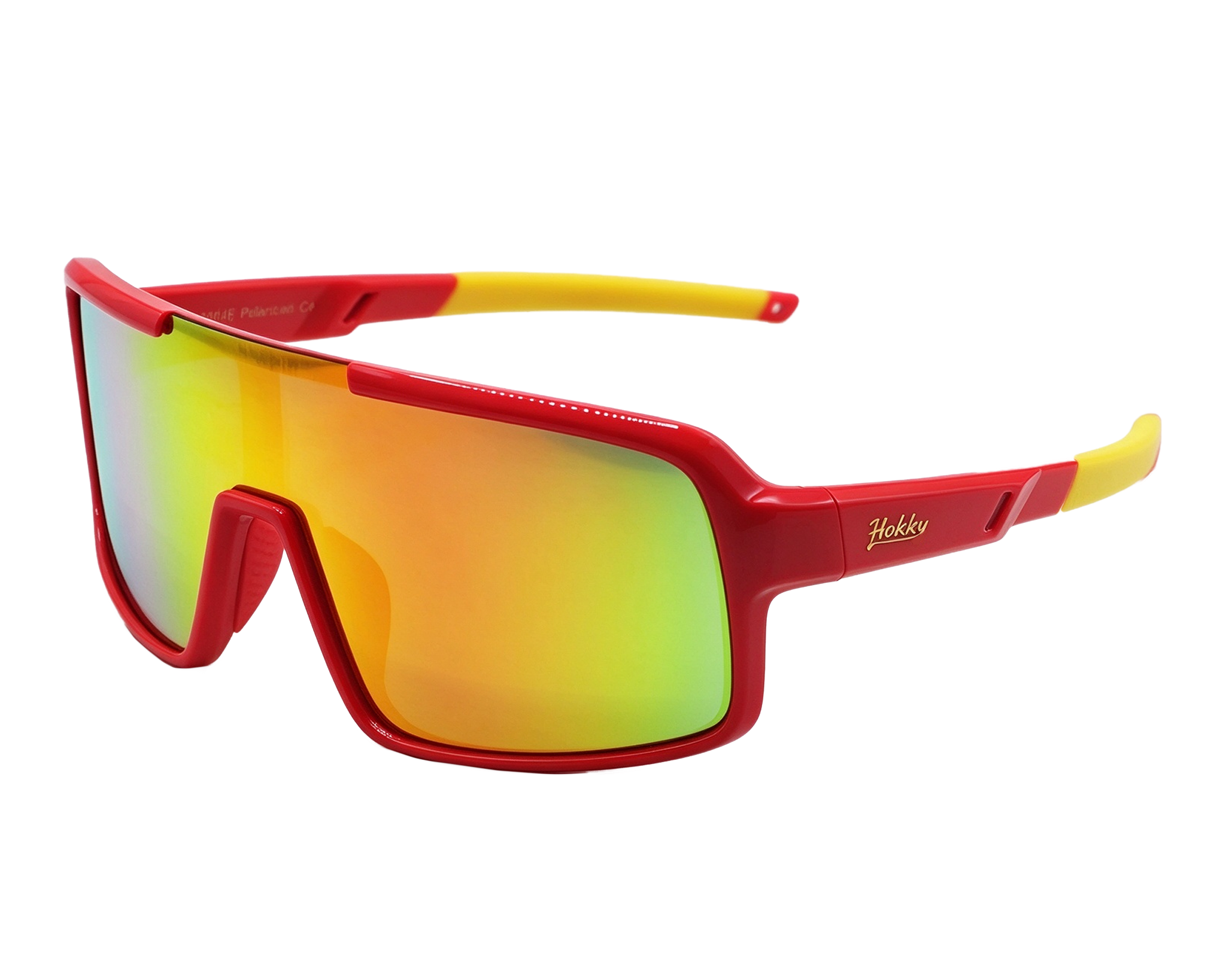 Red and yellow ultra-flexible sunglasses with reflective lenses.